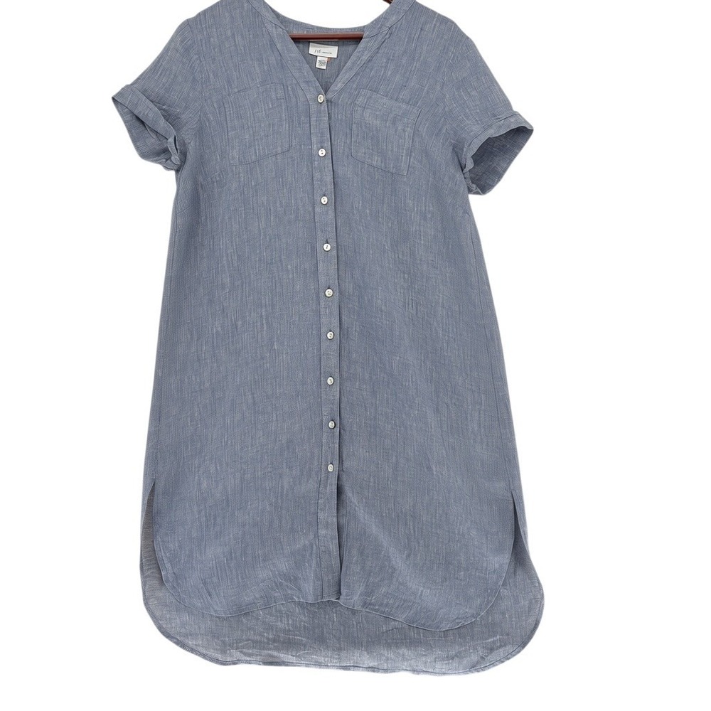 J. Jill Womens Love Linen Button Front Shirtdress M Petite Blue Coastal Summer